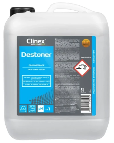 Clinex Destoner – profesjonalny odkamieniacz. Środek do odkamieniania urządzeń gastronomicznych i pralek w płynie, butla o pojemności 5 L.