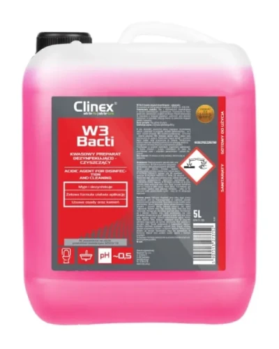 Clinex W3 Bacti - środek do czyszczenia i dezynfekcji sanitariatów, Butelka z zapasem 5 litrów.