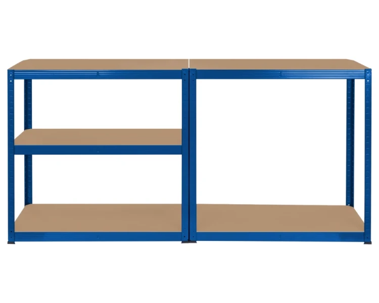 Uniwersalny regał metalowy Rebel 180x90x40 cm niebieski prezentacja stabilnego połączenia poziomów.