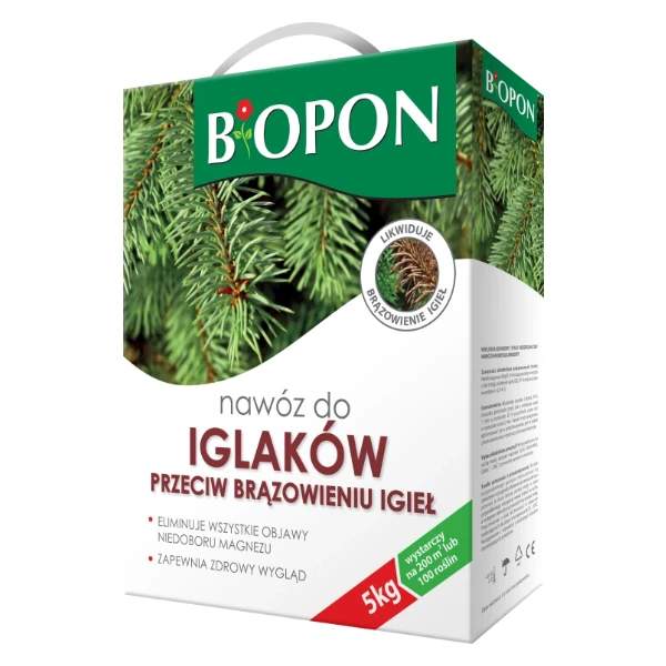Skuteczny nawóz do iglaków przeciw brązowieniu igieł Bopon, karton 5 kg.