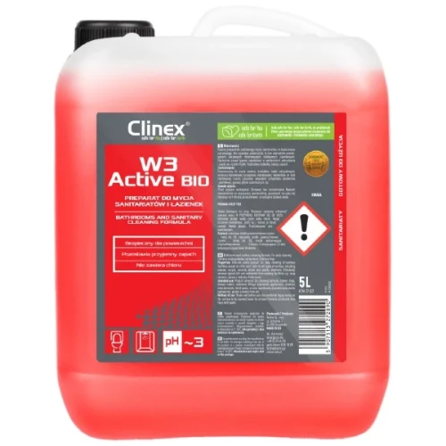 Clinex W3 Active BIO - kwaśny preparat do mycia sanitariatów i łazienek, kanister o pojemności 5 litrów.