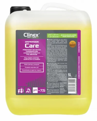 Clinex Dispersion Care: skoncentrowany płyn do codziennego mycia podłóg, zapas: butelka o pojemności 5 litrów.