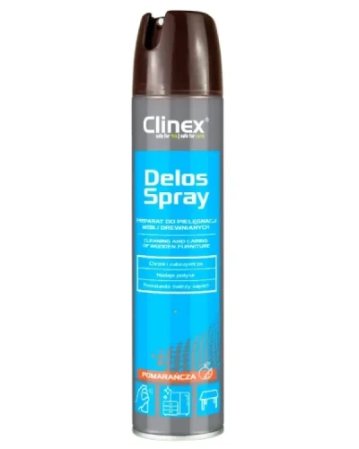 Clinex Delos Spray do czyszczenia i pielęgnacji mebli drewnianych oraz z materiałów drewnopodobnych. Puszka o pojemności 300 ml.
