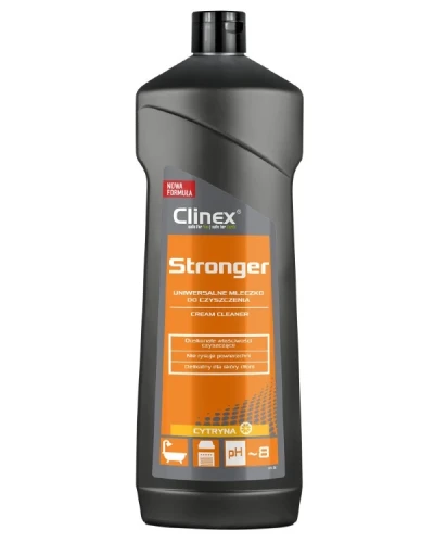 Clinex Stronger i uniwersalne mleczko do czyszczenia, butelka o pojemności 750 ml.