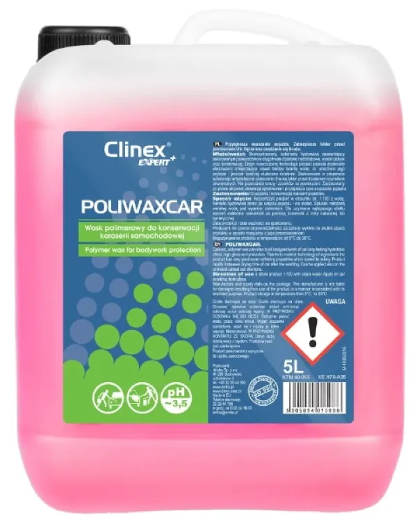 Wosk samochodowy na mokro Poliwaxcar Clinex Expert, butelka z zapasem 5 L.