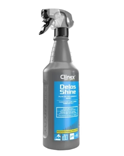 Clinex Delos Shine - Płyn do czyszczenia i pielęgnacji mebli z olejem z awokado, opakowanie: butelka 1 L ze spryskiwaczem.