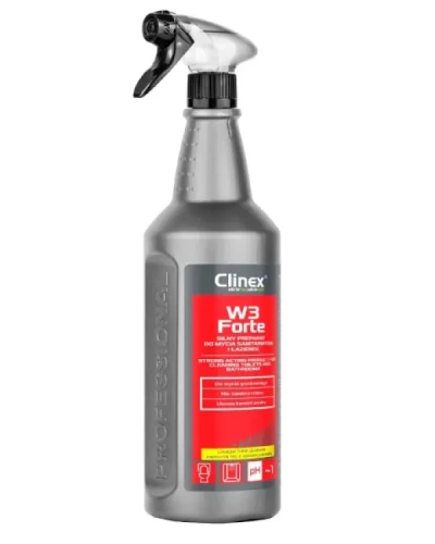 Clinex W3 Forte – silny płyn do mycia sanitariatów i łazienek, opakowanie: butelka 1 L ze spryskiwaczem.