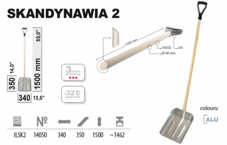 Rysunek techniczny i schemat wymiarowy szufli aluminiowej o wysokości tysiąc czterysta trzydzieści milimetrów do bezpiecznego przeładunku ziarna.