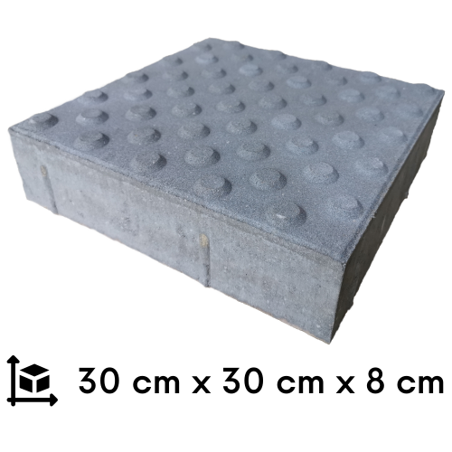 szara płytka integracyjna z betonu z podanymi wymiarami 30 cm na 30 cm na 8 cm