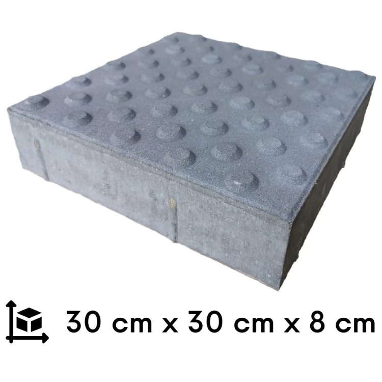 szara płytka integracyjna z betonu z podanymi wymiarami 30 cm na 30 cm na 8 cm