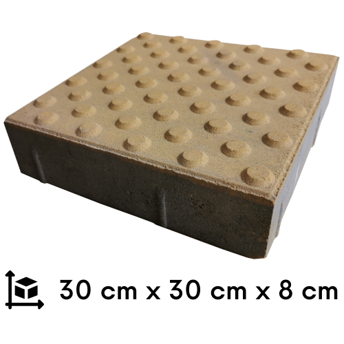 zdjęcie żółtej płytki integracyjnej ostrzegawczej na białym tle z podanymi wymiarami 30 cm na 30 cm na 8 cm