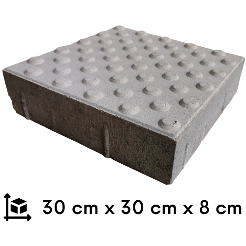 zdjęcie białej płytki integracyjnej ostrzegawczej na białym tle z wymiarami 30 cm na 30 cm na 8 cm