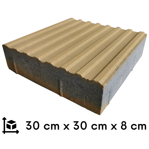 płytka integracyjna kierunkowa żółta na białym tle pod spodem czarną czcionką wymiary 30 cm na 30 cm na 8 cm