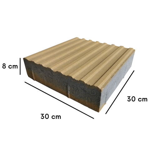 żółta płytka kierunkowa integracyjna na białym tle z podanymi wymiarami szerokość 30 centymetrów długość 30 centymetrów wysokość 8 centymetrów