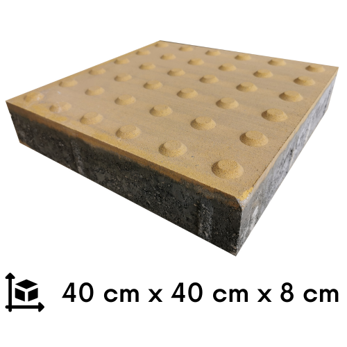 płytka integracyjna ostrzegawcza żółta peronowa na białym tle czarną czcionką wymiary 40 na 40 na 8 cm