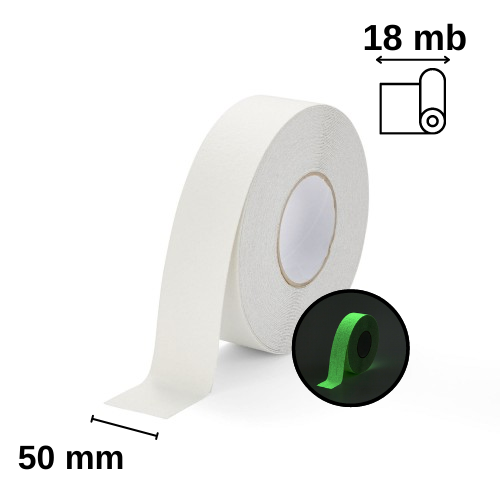 taśma antypoślizgowa świecąca w ciemności na białym tle z podanymi wymiarami