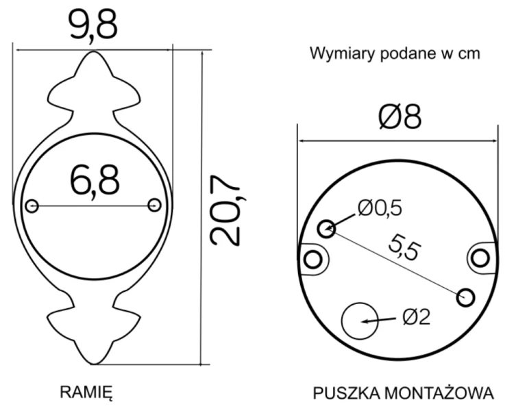 Lampa na ścianę do ogrodu okrągła czarna Cordoba K 3012/1/TD G rysunek techniczny
