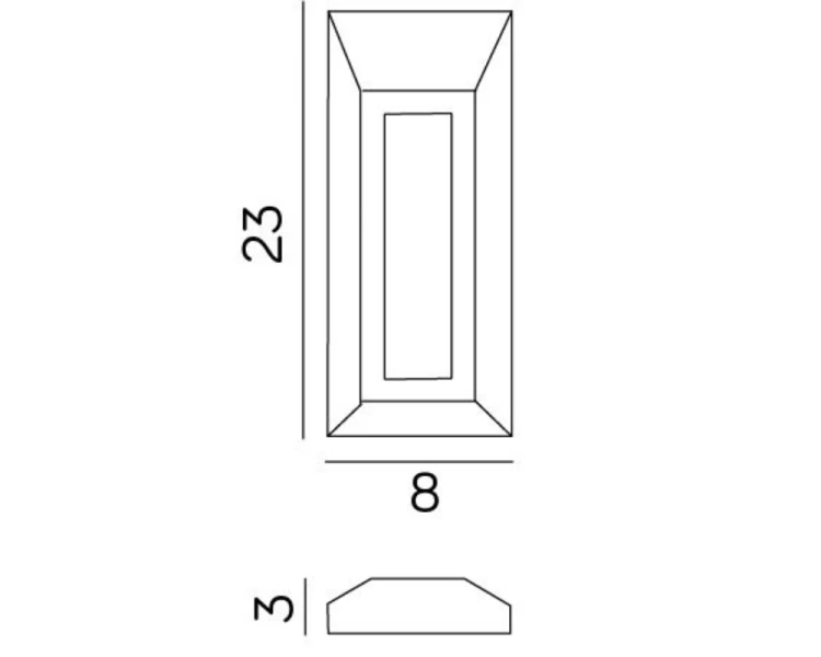 Lampa zewnętrzna natynkowa pionowa prostokątna 23x8cm 2502B rysunek techniczny