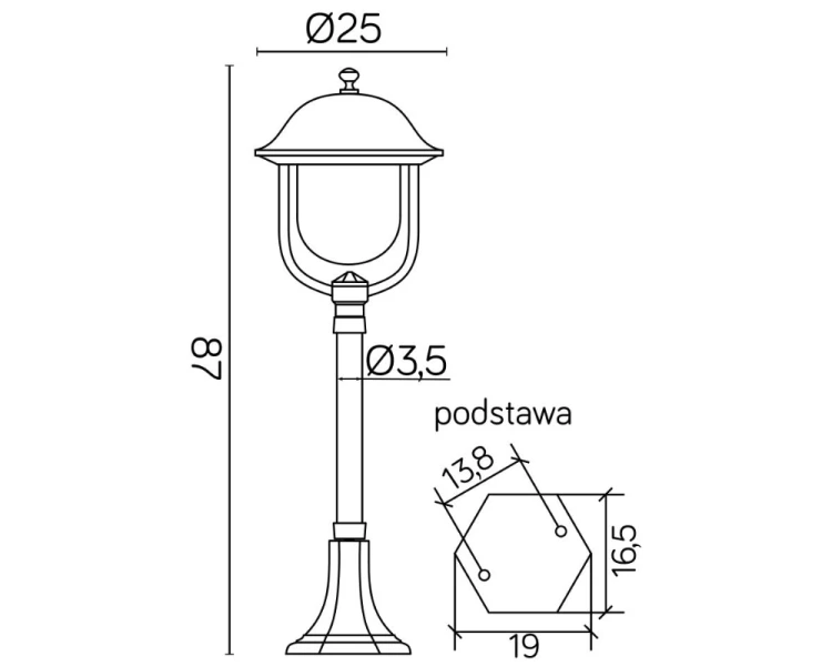 Lampa stojąca do ogrodu z okrągłym kloszem 87 cm czarna Prince K 5002/3/O rysunek techniczny