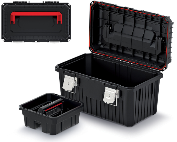 Skrzynka na narzędzia posiada metalowe klamry i nosidło seria Heavy marki Kistenberg