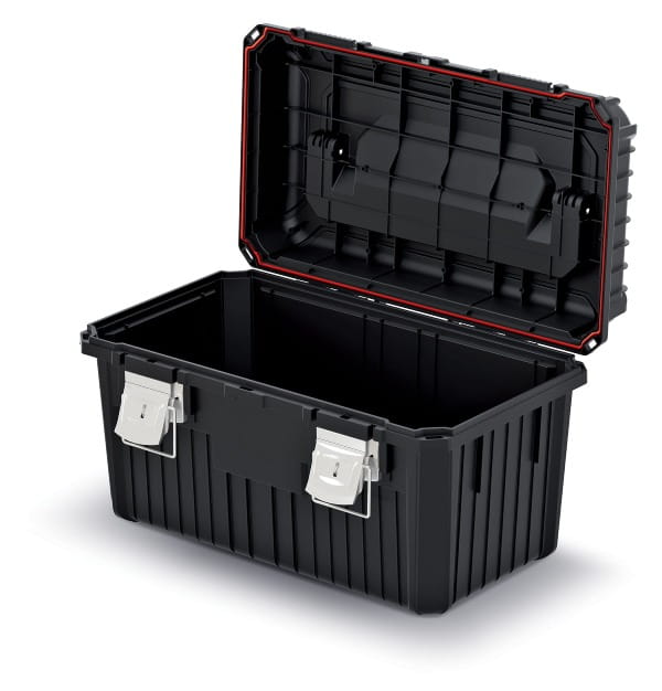 Otwarta skrzynka na narzędzia z metalowymi zapięciami