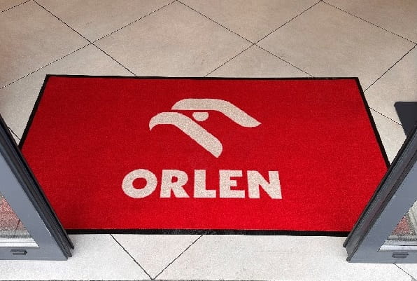 wycieraczka reklamowa orlen stacja toruń jet-print welur, trudnopalna mata obiektowa z borderem 20 mm