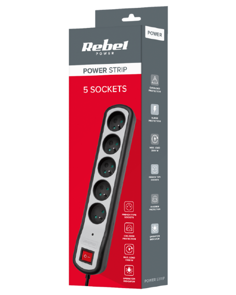 Przedłużacz listwa elektryczna 5 gniazd 5m z przełącznikiem Rebel URZ3063-5W - 4