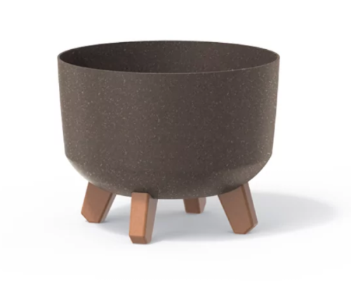 Kawowa okrągła doniczka Prosperplast Gracia Eco Wood na białym tle.