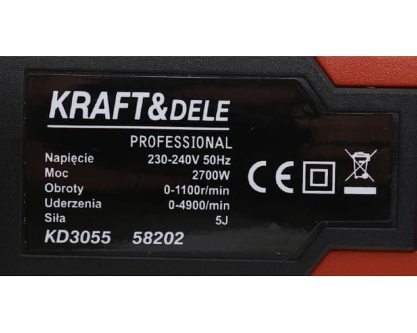 Mlot udarowy sieciowy 2700W z uchwytem tabliczka znamionowa