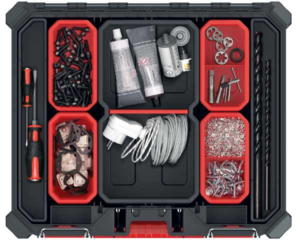 Organizer na narzedzia z pojemnikami wysoki 45 x 37 x 13 cm aranzacja z zawartoscia