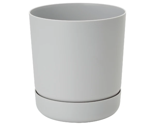 Szara okrągła doniczka Satina na białym tle