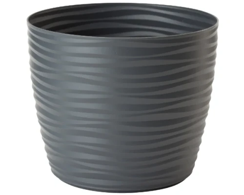 Duża antracytowa doniczka Form Plastic Sahara Round o średnicy 22,5 cm z wyraźną, piaszczystą teksturą.