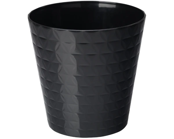 Czarna okrągła doniczka Form Plastic Diament Petit o średnicy 19 cm z połyskującą strukturą geometryczną.