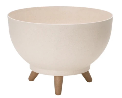 Biała plastikowa misa Satina o okrągłym kształcie, wsparta na ozdobnych nóżkach, zaprezentowana na jednolitym białym tle