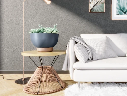 Elegancka donica na nóżkach z rośliną zieloną ustawiona na podłodze w nowoczesnym salonie jako dekoracja wnętrza