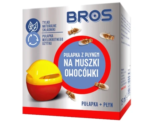 Środek na muszki owocówki Bros pułapka z płynem, plastikowy pojemnik wabiący owady z buteleczką naturalnego atraktantu