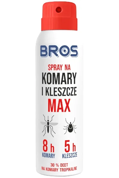 Środek na komary i kleszcze Bros spray Max 30% DEET 90 ml, militarny aerozol repelentny o wysokim stężeniu substancji czynnej