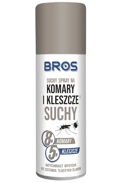 Środek na komary i kleszcze Bros spray suchy 90 ml, osobisty aerozol repelentny z talkiem chroniący przed ugryzieniami