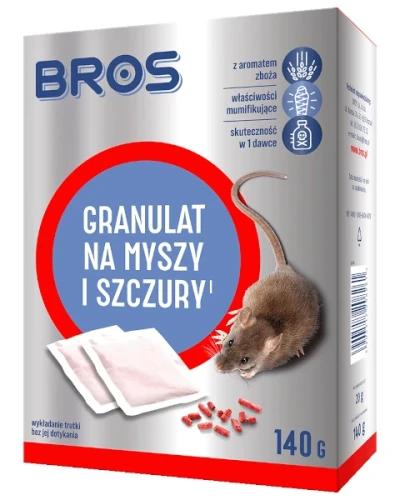 Trutka na myszy i szczury Bros granulat 140 g, poręczne interwencyjne opakowanie zatrutego granulatu z efektem mumifikacji