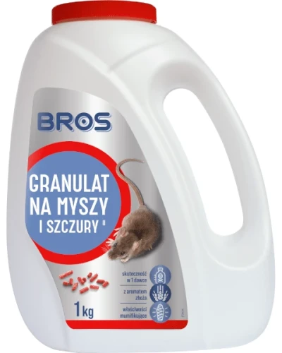 Mocna trutka na myszy i szczury Bros granulat 1 kg, uniwersalne i wydajne opakowanie zatrutego granulatu z mumifikacją