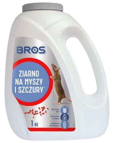 Mocny środek na myszy i szczury Bros ziarno 1 kg, uniwersalne i wydajne opakowanie zatrutej przynęty zbożowej z mumifikatorem