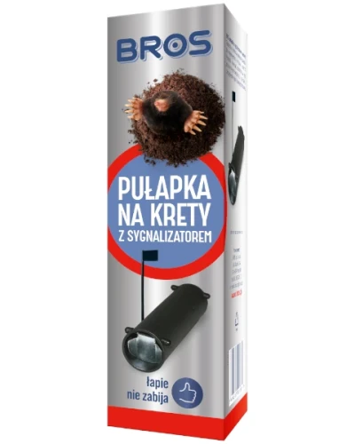 Środek na krety Bros pułapka żywołapka z sygnalizatorem, przelotowa rurka PVC z metalowymi klapkami i chorągiewką nad trawnik