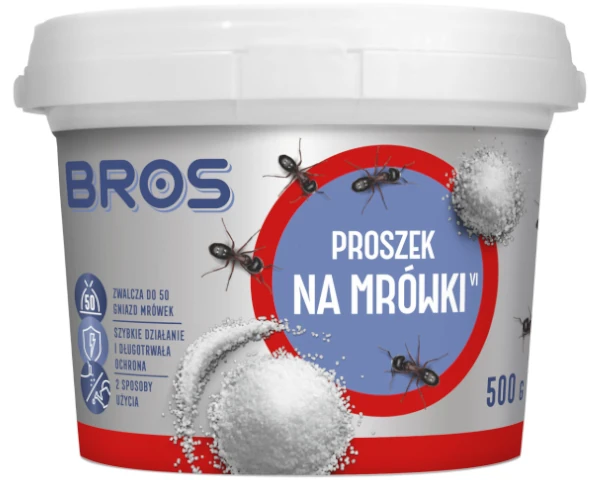 Proszek na mrówki Bros 500 g w poręcznym plastikowym pojemniku z dozownikiem, dwufunkcyjna trutka 2w1