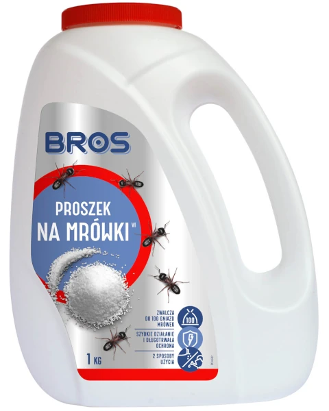 Proszek na mrówki Bros 1 kg w plastikowym, zamykanym pojemniku z dozownikiem, dwufunkcyjna trutka do ogrodu