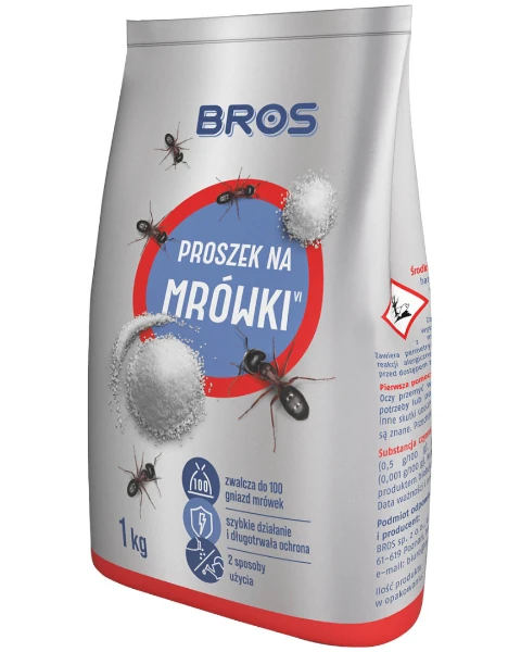 Skuteczny proszek na mrówki Bros 1 kg, duże ekonomiczne opakowanie dwufunkcyjnej trutki do posypywania lub polewania gniazd