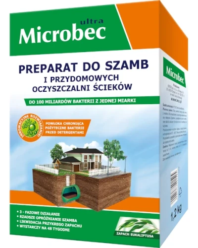 Środek na bakterie do szamba Microbec Ultra eukaliptus 1.2 kg, sypki biopreparat bakteryjny o zapachu eukaliptusowym na osady i tłuszcz