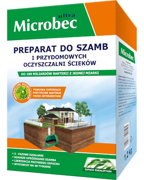Środek na bakterie do szamba Microbec Ultra eukaliptus 1.2 kg, sypki biopreparat bakteryjny o zapachu eukaliptusowym na osady i tłuszcz