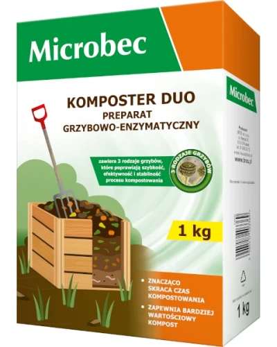 Innowacyjny preparat grzybowo-enzymatyczny Komposter Duo 1 kg Microbec, sypki przyspieszacz biodegradacji odpadów ogrodowych