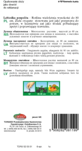 nasiona Lebiodka pospolita Oregano Torseed tył opakowania