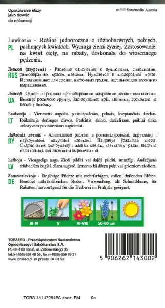 Excelsior Lewkonia letnia - mieszanka kolorów Matthiola incana annua tył opakowania